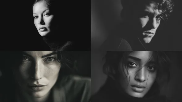 情绪化低调光人像特写，深阴影极少高光，深色背景，戏剧化氛围感，侧光轮廓光，柔焦镜头，高对比度，黑白色调，面部特写，强烈眼神，中性服装，微妙表情，忧伤沉思，电影感，胶片颗粒，暗调美学。