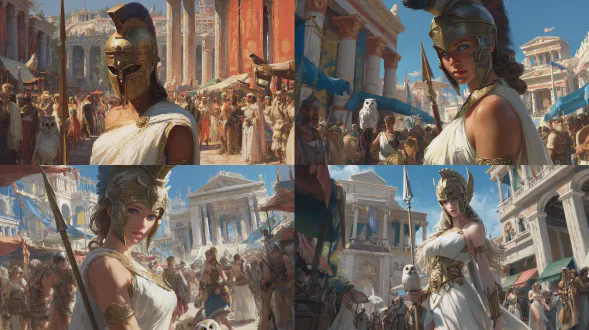 一幅雄伟的雅典娜肖像画，她是希腊的神明，立于伯里克利时代拥挤的古雅典集市之中。她是位美得惊人的女子，有着锐利的灰蓝色发光眼眸，头戴熠熠生辉的青铜科林斯式头盔，头盔有高耸的冠饰，华丽的埃癸斯胸甲中央饰有美杜莎之面，身着带有金色饰边的飘逸白色佩普洛斯长袍。她一手持着一支雅致的青铜长矛，姿态 regal（高贵威严）。她周遭，成群的古希腊民众身着传统的基同长袍与希马纯长袍穿梭于市集，背景可见古典的多立克柱与彩绘柱廊。温暖的地中海阳光笼罩场景，在雅典娜周身营造出神圣光晕，使其区别于凡人。一只小猫头鹰停歇在她身旁，是智慧的象征。雅典娜处于画面中心 下三分之一处，其脸部与上半身凸显，人群和建筑为她营造出深度与情境。