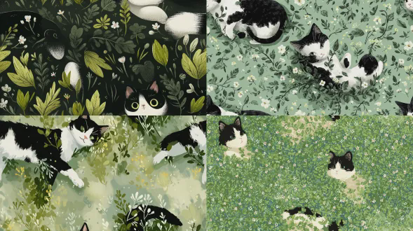 一只黑白相间的猫躺在草地上，周围环绕着小花和植物，它的身体覆盖着绿叶。插画风格可爱简约，色彩柔和，呈现类似油画风格的画作的鸟瞰视角