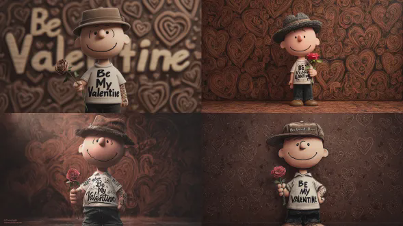 一个带有纹身的查理布朗角色，手持玫瑰，面带微笑，穿着黑色牛仔裤和印有“做我的情人节”字样的白色t恤，头上戴着一顶帽子，背景是带有心形图案的棕色背景，风格为查尔斯·m·舒尔茨风格，现代艺术印刷品用于金属海报，3d渲染，高分辨率，高细节，高质量