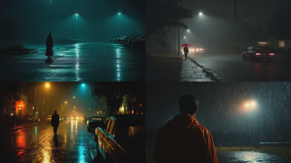 夜晚雨中孤独身影的电影剧照，电影光效，深邃阴影，戏剧性高光，情绪化色彩分级，电影剧照般的真实感