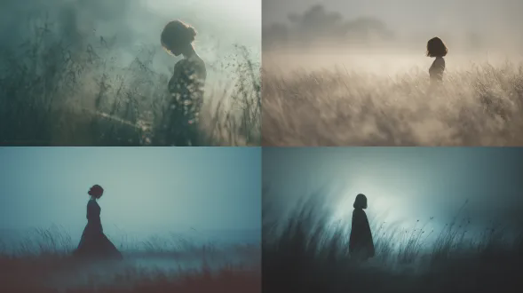 梦幻摄影风格，雾气弥漫草地，女性剪影，柔和背光，光晕环绕，空灵氛围，柔薄雾，广角镜头，长曝光，低对比度，冷色调，宁静，神秘感，超现实主义，柔焦，环境光，轮廓光，宁静，梦幻，飘逸。