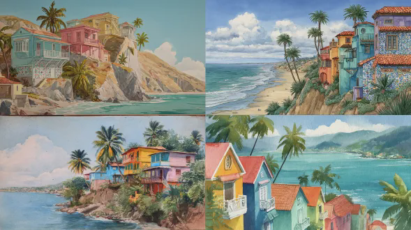 一幅海边的会话式水彩画场景，有几座色彩鲜艳的夏日房屋坐落在悬崖之上，下方是大海湾的广阔景色，还有彩绘装饰瓷砖和热带棕榈树