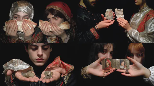 双手各持半张撕裂的合影，特写镜头，胶片质感，褪色色调，暗房背景，柔光，人物表情忧伤，衣物复古，细节丰富，浅景深，戏剧性构图，情感张力，怀旧，对比色。