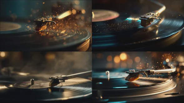 复古黑胶唱片针落在旋转的黑色唱片上的微距特写，阳光下有灰尘的火花，70年代温暖美学，烟雾缭绕的巴黎公寓模糊背景，琥珀色和蓝绿色灯光，高端电影摄影，16毫米胶片颗粒，梦幻怀旧氛围