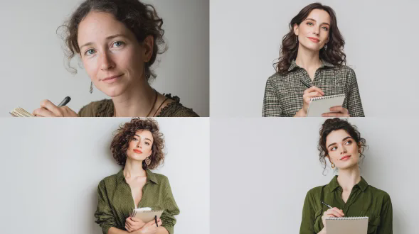 一个30岁白人女子的肖像，手持笔记本和钢笔，身着绿色和米色的时尚服饰，神情平静，展现出放松且易于亲近的表情，呈现腰部以上的上半身，无变形的手部，手指长度正常，无伸展的手指，有细微的耳环，采用工作室灯光，背景为干净的白色，写实摄影