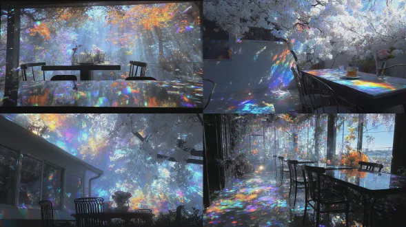 艺术家金政基的设计风格充满活力、高度装饰性、治愈系、温暖舒适，具有不对称构图、完美细节，是杰作。高质量细节、超高清分辨率、顶级品质、清晰笔触、高饱和度、光影对比、电影质感。32k超高清细节修复。夏季、午后、被树木环绕的咖啡店