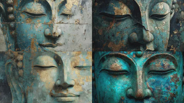 一幅带有纹理的精致艺术画，描绘宁静的佛面，主要为蓝绿色铜绿和金色点缀，带有陈旧的斑驳画层，丰富的笔触和蜡画质感，营造平静的禅意氛围，戏剧性但柔和的光线，高细节，高级墙面艺术美学，无文字，无水印