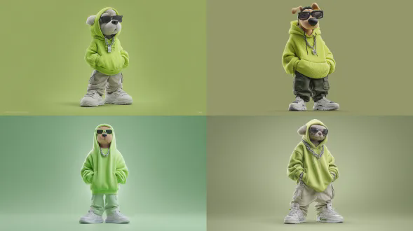 全身3d风格化拟人卡通狗角色，身穿现代街头服饰，超大号霓虹绿连帽衫，工装裤，厚底运动鞋，反光太阳镜，银色链条项链。自信放松的姿势，双手插在口袋里。纯石灰绿色的极简工作室背景。柔和的工作室灯光，平滑的阴影，高细节的织物纹理，pixar品质的3d渲染，超干净的构图，居中构图，时尚编辑角色设计，8k分辨率。