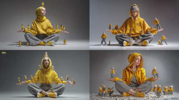 一张富有创意的超现实图像：一位女子盘坐在地，身穿深黄色连帽卫衣、灰色长裤与黄色鞋子，四周环绕着数个迷你版的自己。多个缩小版人物立于她的手掌、肩头与地面，与“原版”嬉戏互动。背景为干净简洁的浅灰至深灰渐变。光线柔和且具电影感，呈现真实阴影与景深效果。