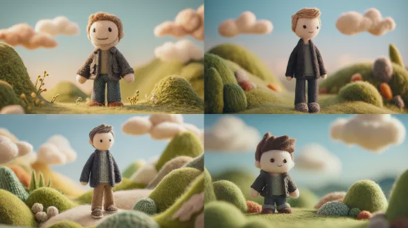 一幅手工毡制迷你插画，将[名人]重新想象为柔软的羊毛娃娃角色。该人偶拥有简化的面部特征、纽扣般的眼睛、淡淡的微笑以及精心制作的毡制纹理。他穿着受他标志性休闲科技风格启发的服装——深色夹克、简单t恤和长裤——用针织羊毛和布料重新打造。场景具有异想天开、故事书般的感觉，有毡制草质地形、柔和的山丘和带有柔软云朵的明亮天空。微距摄影外观、浅景深、柔和自然光线、定格动画美学、超细节纤维和布料纹理、舒适而未来主义的氛围、电影构图、高品质。