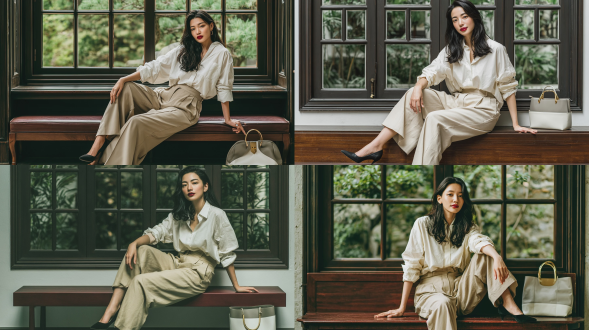 商业级摄影写真，一名20多岁的东亚女性，坐在深色框架大窗前的深棕色木制长凳上，浓密黑色长发自然垂落，精致妆容，深红色口红，皮肤细腻透光白皙，表情自然平静，眼神柔和看向前方。身穿宽松白色衬衫（袖子微微卷起）+ 卡其色高腰阔腿裤（垂坠感强）+ 黑色尖头高跟鞋。身体微向右侧倾斜，右腿优雅搭于左腿上，侧面面向左，左手轻搭膝头，右手自然扶于长凳边缘，肩颈放松微沉，下颌轻收，姿态从容优雅。长凳右侧放置浅灰拼白色手提包（金色提手与肩带）。窗外绿叶繁茂。 中景构图，视角略低于人物（低角度仰拍），人物占画面黄金分割点，背景适度虚化。自然侧光（窗光）柔和照射，伦勃朗布光效果，面部明暗过渡细腻，皮肤通透有质感。整体色调温暖柔和，低对比度，胶片质感，浅景深（f/1.8），85mm定焦镜头，iso 100，快门1/200s，时尚杂志 editorial 风格，优雅休闲氛围。