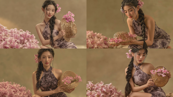 商业级摄影写真，一名温柔的年轻东亚女孩，侧身垂下一条极长且浓密有光泽的黑色麻花辫，发侧别着几朵粉色百合，几缕湿润的碎发垂在脸颊上，身穿挂脖式改良旗袍，旗袍上印有深灰紫色调的水墨花卉图案，跪姿，双手捧着手工镂空竹编草帽，草帽内盛开着粉色香水百合，左侧前景散落着大量柔和的粉色百合，温暖质感的哑光暖卡其色纯色背景，柔和的侧向电影感暖光，柯达 gold 200 胶片质感，自然细腻的皮肤纹理，清晰的细发细节，浅景深，低饱和度暖棕色调，优雅复古的新中式氛围，使用 85mm f1.4 镜头拍摄，8k 高细节