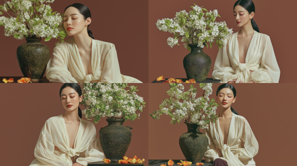 优雅的年轻东亚女性，柔顺的黑发扎成低马尾，双眼半闭，神情宁静平和温柔，身穿奶油白色薄纱深v上衣，胸前饰有扭结设计，坐在一只复古陈旧的深绿色粗陶花瓶旁，瓶中插满开着新鲜嫩绿叶片的白色梨花枝，深色桌面上散落着几片干枯的橙黄色花瓣，纯色暖摩卡棕色摄影棚背景，柔和的侧向微弱摄影棚光，柔和的阴影，新中式美学肖像，古典油画质感，细腻的胶片颗粒，低饱和度柔和暖色调，浅景深，超写实皮肤细节，8k超高清