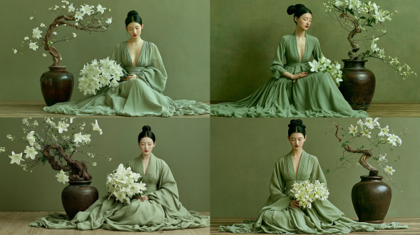 逼真细腻的国风艺术肖像画：一位20岁优雅的东亚女性，梳着整齐的低发髻，双目轻闭，唇色柔红；身着淡鼠尾草绿雪纺深v收腰长裙，端坐于实木地板上，手持一束白百合；身旁摆放一只复古深棕色粗陶罐，罐中插有典雅高挑的花道作品，一枝弯曲的枯枝上缀满盛放的白百合与细小的翠绿枝叶；背景为哑光质感的柔和橄榄绿色墙面，采用柔和的伦勃朗侧光，整体氛围静谧安详；风格为古典肖像摄影，兼具油画美学，色调采用低饱和度的莫兰迪色系；使用85mm f/1.4镜头拍摄，画面带有细腻胶片颗粒感，肌肤纹理精致。