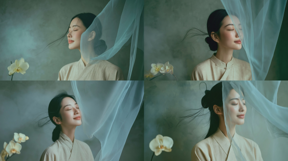 商业级人像摄影：一位22-23岁，婉约知性的东亚女性，双目轻闭，嘴角微扬呈现柔和浅笑，侧脸微微上扬，乌黑长发低挽成松散发髻，几缕碎发随微风轻扬；身着素雅米色亚麻新中式上衣；画面右侧半透明淡天蓝色薄纱自画框右侧垂落，轻掩半张面庞；左上前景处一枝纤细的兰花，花朵洁白，花心呈淡黄色；背景为灰绿色调、肌理细腻且略带朦胧雾气的灰泥墙面；整体呈现宁静东方禅意美学；柔焦胶片人像摄影风格；柔和的侧向自然光照明；低饱和度莫兰迪色系；浅景深；朦胧梦幻质感；细腻肌肤细节；微妙胶片颗粒感；隐约水墨晕染氛围；8k超高清细节，无过度磨皮