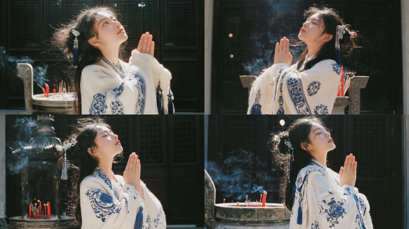 商业级人像摄影：一位22-23岁，优雅知性的东亚女性，双手合十祈祷并抬头仰望，半扎凌乱长发，佩戴青花瓷风格银质流苏发簪，身着新中式白色针织披肩，绣有青花瓷图案并带有流苏边，站在中国古代寺庙香炉前，香炉中燃烧着红烛与香支，缕缕香烟缭绕，背景为深色复古木质格栅门，午后金色边缘逆光，发丝在阳光下闪烁，柔和的圆形光斑，35mm胶片摄影，富士nc滤镜，细腻的胶片颗粒感，温暖柔和的色调，宁静虔诚的氛围，浅景深，中景全身人像