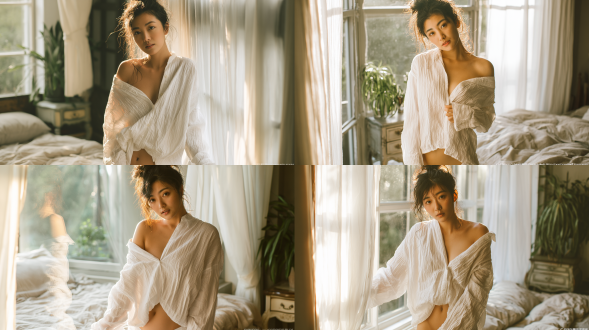 商业级人像摄影，一位21-22岁，婉约知性的东亚女子，凌乱蓬松的深色头发扎成发髻，温柔的目光注视着镜头，身穿宽松超大号褶皱白色棉质衬衫，露出一侧肩膀，深v领，衬衫下摆垂至大腿中部，站在温馨卧室的大落地窗旁，床边铺着柔软的亚麻床品，复古木质床头柜，角落里摆放着绿色盆栽植物，白色透明窗帘，黄金时刻侧逆光，温暖的金色阳光透过窗帘滤入，头发和皮肤上有精致的轮廓光，柔和的自然过渡阴影，轻微的梦幻朦胧感，日系柔和私房肖像风格，柯达 portra 400 胶片质感，使用 85mm f/1.4 镜头拍摄，浅景深，柔和的焦外成像，温暖的低饱和度色调，超高细节，慵懒放松的氛围。无文字，人物无过度磨皮