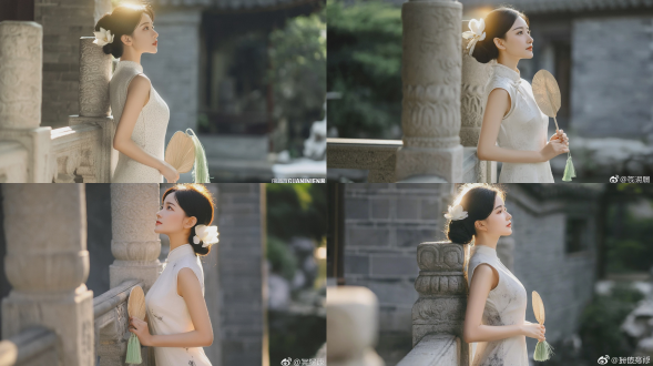 商业级人像摄影，一位21-22岁，婉约知性的东亚女子，黑色盘发点缀白色玉兰花发饰，侧身倚在中式古建雕花石栏杆上，抬首望向远方，身穿素白色暗纹无袖改良旗袍，手中持带淡绿流苏的迷你草编团扇，午后黄金时刻逆光拍摄，阳光穿透发丝形成柔和金边光晕，丁达尔光效，整体氛围静谧温柔，背景是虚化模糊的江南古典园林灰砖墙与绿植，浅景深，85mm f/1.4大光圈镜头，胶片人像质感，通透柔光，低饱和奶油色调，皮肤细腻通透，画面干净治愈 ，无额外水印。