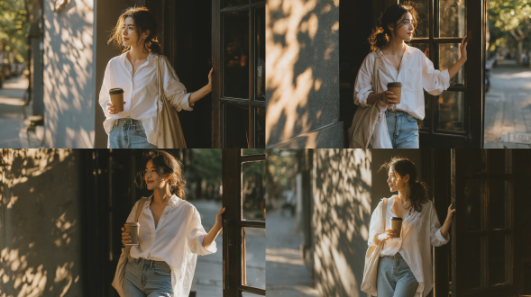 商业级全身人像摄影，一名20-21岁，优雅知性的东亚女性，留着柔和的低马尾，发丝略显凌乱；侧脸微微含笑，神情温婉；手握一只牛皮纸外卖咖啡杯；身穿宽松 oversized 白色纯棉衬衫与浅水洗蓝色牛仔裤；肩挎一只米色帆布托特包；正从一家复古风街角咖啡馆中迈出；一手轻搭在深色木质玻璃门框上；金色时刻温暖的逆光洒落，朦胧的金色光束斜射而下，发丝边缘泛起柔美轮廓光；梧桐树影斑驳，投映于墙面与人行道上；背景为梧桐树街道的虚化散景（bokeh）；静谧的城市人行道；日系电影肖像风格；柯达 gold 200 胶片颗粒感；柔焦效果；自然低饱和色调；轻松惬意的氛围；使用 85mm f/1.4 镜头拍摄；浅景深；超写实风格；电影级柔调。画面干净，没有文字或水印。负面词：塑料感、成人化、五官变形、发饰扎堆、背景杂乱、肢体扭曲、ai换脸感、文字水印。