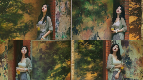 商业级全身人像摄影，一名20-21岁，优雅知性的东亚女性，长发乌黑，倚靠在红色砖砌门框旁，仰头凝望，神情柔和而若有所思；双手捧着一只透明塑料杯，杯中盛有黄色冰饮；身着白色背心、宽松浅灰绿色薄针织开衫及灰色休闲裙；腕戴一只白色玉镯；背景为斑驳老旧的墙壁，表面漆皮剥落、色彩褪色，并带有涂鸦；画面采用双重曝光叠加效果，整体笼罩着虚化朦胧的夏日绿叶影像；光影斑驳，树影婆娑；呈现复古胶片摄影风格，使用柯达portra 400胶卷拍摄；自然阴天柔光，漫射均匀；色调低饱和、柔和内敛；景深浅，营造出朦胧梦幻、怀旧艺术的氛围；情绪宁静平和。画面干净，没有文字或水印。负面词：塑料感、成人化、五官变形、发饰扎堆、背景杂乱、肢体扭曲、ai换脸感、文字水印。