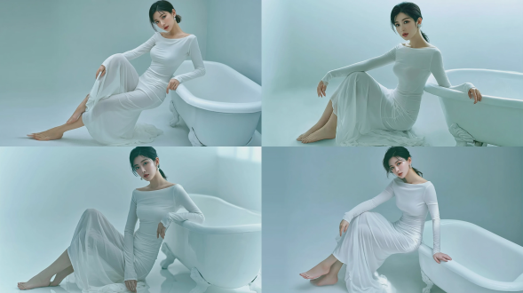 杂志风格人像摄影，一名20-22岁，优雅知性的东亚少女，柔顺低挽的慵懒发髻，水润通透的肌肤，自然光感妆容，小巧精致的钻石耳钉，身着修身剪裁、乳白色、船领、长袖、轻盈半透明及地长裙，裙摆垂坠流动，光脚而坐，倚靠于复古白色爪足浴缸，置身于极简朦胧浅青白色影棚背景，柔和漫射轮廓光，无生硬阴影，低饱和冷色调，干净静谧的美学风格，极致细腻的肌肤质感，浅景深效果，使用索尼 a7r5 相机搭配 85mm f1.4 镜头拍摄，8k 分辨率。负面提示词：低质量、模糊、扭曲、多余手指、畸形特征、过度、不足、噪点、粗糙皮肤、肤色暗沉、表情僵硬、过度平滑、塑料质感、水印、文字、边框。