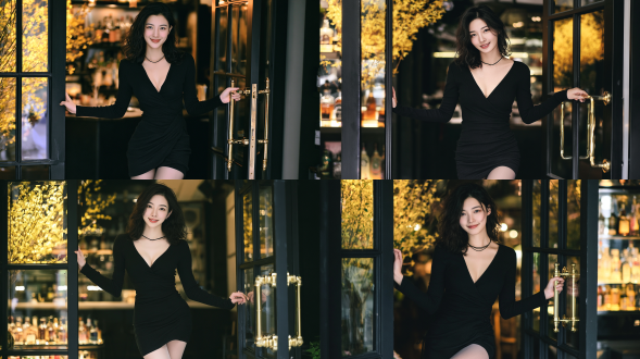时尚杂志风格人像摄影，一名20-22岁，优雅知性的东亚少女，面带柔和温婉的微笑，自然微卷的中长深色发丝，身着修身黑色v领长袖裹身迷你裙，佩戴细款黑色项圈，穿着透肤浅色连裤袜，手握一扇黑色边框玻璃门的金色金属门把手，正从一家复古咖啡馆入口迈出；温暖柔和的侧逆光，浅景深，背景呈虚化散景效果，可见店内明黄色开花枝条与酒类陈列架；柯达portra 400胶片颗粒质感，自然真实的肌肤纹理，柔和温暖且低饱和度的色调，电影感日常人像，面部特征锐利聚焦，超精细画质，8k超高分辨率。负面提示词：低画质，模糊，变形，多余手指，畸形五官，过曝，欠曝，噪点，粗糙皮肤，暗沉肤色，僵硬表情，过度磨皮，塑料质感，水印，文字，画框。