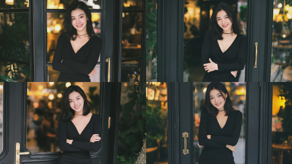 时尚杂志风格人像摄影，一名20-22岁，优雅知性的东亚少女，面带柔和、温婉而明亮的微笑，留着及肩的乌黑长发，身着修身v领长袖黑色褶皱迷你连衣裙，佩戴一条纤细的黑色项圈式项链，双臂交叉置于身前；站立于一家复古咖啡馆的黑色边框玻璃门前，门上配有黄铜把手；背景为虚化的柔焦效果，呈现温暖室内咖啡馆场景，可见绿色植物与柔和的暖黄色环境灯光；采用自然柔和的午后侧光拍摄；使用50mm f/1.4定焦镜头拍摄；画面带有细微胶片颗粒感，焦点略柔和，整体色调温暖而低饱和；电影感人像风格；肌肤质感自然细腻；弥漫着朦胧浪漫的日常。负面提示词：低画质，模糊，变形，多余手指，畸形五官，过曝，欠曝，噪点，粗糙皮肤，暗沉肤色，僵硬表情，过度磨皮，塑料质感，水印，文字，画框。