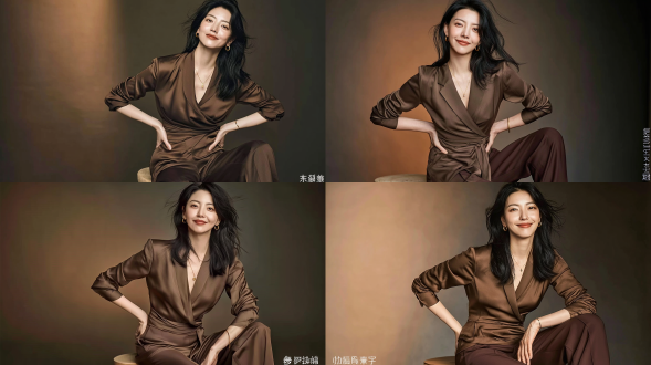 时尚杂志风格人像摄影，一名26-28岁，优雅知性的东亚女性，面带柔和、温暖而温婉的微笑，神情放松沉静；长发乌黑浓密、微卷且略显随意蓬松；坐在极简风格的圆形木质影棚凳上，双手自然置于髋部，双腿交叉；身着顺滑的咖啡棕色缎面v领裹身衬衫，搭配同色系深棕色剪裁合体的阔腿西裤；佩戴精致小巧的金色圆环耳饰、极简风格的微型金色吊坠项链及纤细金色手镯；专业正式商务肖像；采用柔和的伦勃朗式侧光布光；背景为暖调灰褐色渐变无缝影棚背景；肌肤纹理极度自然真实；使用哈苏x2d 100c相机拍摄，85mm定焦镜头，光圈f/1.8，浅景深；整体色调低饱和、温暖柔和；8k超高清画质；照片级写实风格；呈现成熟优雅职场女性气质；不进行过度磨皮处理。负面提示词：低画质，模糊，变形，多余手指，畸形五官，过曝，欠曝，噪点，粗糙皮肤，暗沉肤色，僵硬表情，过度磨皮，塑料质感，水印，文字，画框。