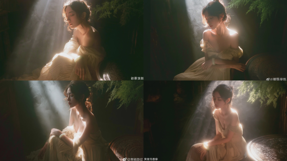 时尚杂志风格人像摄影，一名20-22岁，优雅知性的东亚少女，半盘发、柔顺微乱的发丝，双目轻闭，侧脸视角；身着露肩奶油米色褶皱质感雪纺长裙，佩戴纤细项链，腕戴淡青玉镯；端坐于幽暗昏沉的老式室内空间；戏剧性侧逆光，强烈的丁达尔效应光束穿透悬浮薄雾，轮廓光勾勒出她的发丝与肩线；右下角可见部分复古圆形雕花实木桌；右上角垂挂新鲜芦笋蕨枝条；整体氛围柔和朦胧、如梦似幻；油画美学风格，使用柯达gold 200胶片拍摄，呈现细腻胶片颗粒感，浅景深，柔焦效果，低饱和暖色调，静谧温柔的情绪。负面提示词：低质量、模糊、扭曲、多余手指、畸形特征、过度、不足、噪点、粗糙皮肤、肤色暗沉、表情僵硬、过度平滑、塑料质感、水印、文字、边框。