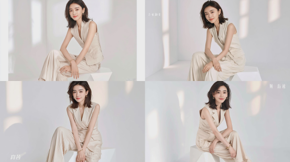 时尚杂志风格全身人像摄影，一名20-22岁，优雅知性的东亚少女，齐肩深棕色头发，妆容自然柔和，唇色为淡粉色，佩戴小巧的金色圆环耳环、精致的金色手镯及金色戒指；身着米白色无袖v领西装马甲，搭配同色系垂坠感强的阔腿剪裁西裤；坐在纯白色极简几何造型矮凳上，身体微微前倾，双手轻柔交叠于膝上，面带柔和含蓄的微笑，直视镜头；背景为纯白色极简影棚，墙面投射出柔和的窗影；采用干净、漫射式的侧向柔光照明；肌肤通透细腻；整体色调明亮柔润、低饱和度；构图留白广阔；使用佳能r5相机搭配85mm f/1.4镜头拍摄；超写实风格，细节丰富，8k分辨率。负面提示词：低质量、模糊、扭曲、多余手指、畸形特征、过度、不足、噪点、粗糙皮肤、肤色暗沉、表情僵硬、过度平滑、塑料质感、水印、文字、边框。