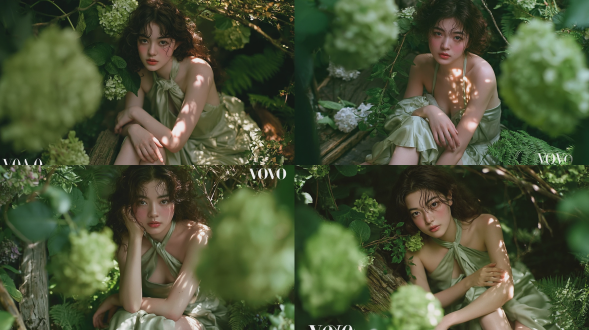 时尚杂志风格全身人像摄影，一名20-22岁优雅知性的东亚少女，蓬松卷曲的深棕色头发，脸颊泛着柔和的桃粉色红晕，几缕微湿的碎发轻轻贴在脸上；她坐在饱经风霜的木板上，周围环绕着繁茂盛开的绣球花、鲜绿的叶片与蕨类植物；身着淡鼠尾草绿半透明真丝吊带裙，露出双肩，一手轻搭于手臂之上；目光安静而温柔地望向观者；斑驳的金色阳光透过枝叶洒落，在肌肤上投下柔和的光斑；浅景深效果，前景为虚化的绿色绣球花散景；胶片人像摄影，使用柯达portra 400胶卷拍摄，85mm f1.4镜头，呈现柔和的胶片颗粒感，色调以低饱和度的新鲜绿色为主，整体氛围朦胧梦幻、空灵缥缈，肌肤质感自然细腻。负面提示词：低质量、模糊、扭曲、多余手指、多余肢体、畸形特征、过度、不足、噪点、粗糙皮肤、肤色暗沉、表情僵硬、过度平滑、塑料质感、水印、文字、边框。