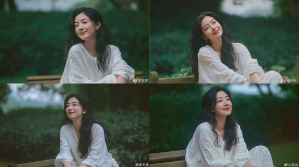 时尚杂志风格人像摄影，一名20-22岁，优雅知性的东亚少女，她拥有自然的黑色波浪长发，微笑微微，头微微仰起，唇色柔和，穿着宽松皱褶的白色棉质亚麻长袖服，坐在木制公园长椅上，模糊的浓密深绿色植被背景，漫射的阴天，梦幻柔和朦胧氛围，采用85mm f/1.4镜头拍摄，浅景深，低饱和度，细腻的35mm胶片颗粒，自然皮肤质感，平静疗愈氛围，超写实。负面提示词：低质量、模糊、扭曲、多余手指、畸形特征、过度、不足、噪点、粗糙皮肤、肤色暗沉、表情僵硬、过度平滑、塑料质感、水印、文字、边框。