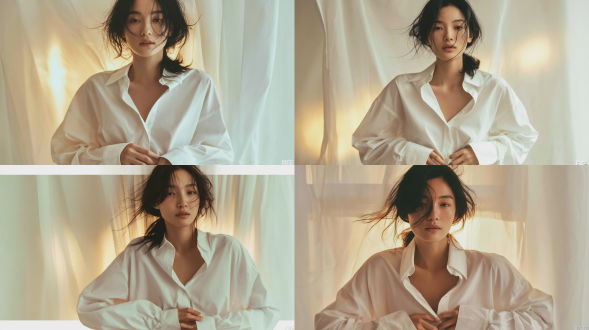 时尚杂志风格全身人像摄影，一名20-22岁，优雅知性的东亚少女，中长黑发松散凌乱，几缕碎发轻轻飘落于面颊之上；头发在后脑下方半束起。她身穿一件宽松 oversized 的白色纯棉长袖衬衫，领口纽扣解开，双手轻扶衬衫前襟。神情平静淡然，目光直视观者。背景为一层透光的米白色薄纱窗帘，柔和温暖的金色背光透过布料漫射而出。使用柯达 portra 400 35mm 胶片拍摄，呈现自然细腻的肌肤质感；影棚内采用柔和漫射光照明，无生硬阴影；整体色调为温暖低饱和的复古风格；极简主义美学，细节精致，景深浅。负面提示词：低质量、模糊、扭曲、多余手指、畸形特征、过度、不足、噪点、粗糙皮肤、肤色暗沉、表情僵硬、过度平滑、塑料质感、水印、文字、边框。