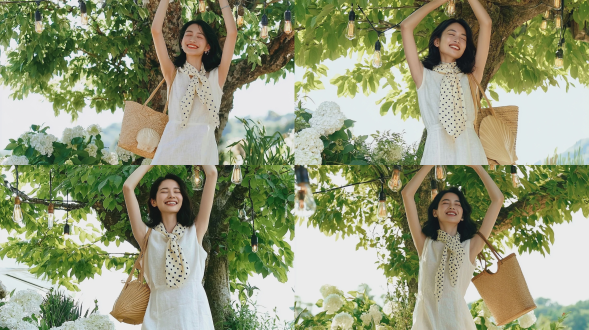 时尚杂志风格全身人像摄影，一名20-22岁，优雅知性的东亚少女，齐肩黑发，闭眼开怀大笑，双臂高举触碰悬挂在树上的复古灯泡；身着无袖白色亚麻上衣与白色长款亚麻裙，佩戴奶油色海军蓝波点颈巾，肩挎扇贝边草编托特包；站立于枝繁叶茂的夏日绿树之下，树枝缀满鲜亮翠绿叶片，树上悬挂复古爱迪生串灯；前景为白色绣球花与青翠植物，明亮柔和的晨光，清新夏日风格，背景柔焦虚化，胶片人像质感，自然肌肤纹理，温暖柔和色调，索尼 a7m4 拍摄，f/1.8，8k 高细节。负面提示词：低质量、模糊、扭曲、多余手指、畸形特征、过度、不足、噪点、粗糙皮肤、肤色暗沉、表情僵硬、过度平滑、塑料质感、水印、文字、边框。