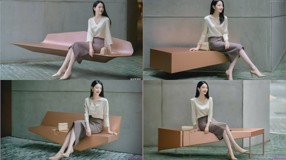 时尚杂志风格全身人像摄影，一名20-22岁，优雅知性的东亚少女，拥有一头柔顺笔直的黑色长发，面带柔和温婉的微笑，正侧转头部望向画面右侧；耳戴小巧的金色钉状耳钉，颈间佩戴纤细的金色项链；身着质地细腻的米白色v领七分袖真丝上衣，搭配灰褐色及膝铅笔裙，脚穿米色尖头低跟泵鞋；她坐在哑光玫瑰金悬浮金属长凳上，手边放着一只迷你浅金色链条小手包；背景上方为灰色混凝土墙面，地面铺设灰绿色复古砖块，整体呈现现代都市户外角落场景；光线为柔和的阴天漫射自然光，肌肤呈现自然质感；采用高端人像摄影风格，使用85mm f/1.4镜头拍摄；配色采用低饱和度的莫兰迪色系，营造出轻松而优雅的氛围，景深浅。负面提示词：低质量、模糊、扭曲、多余肢体、多余手指、畸形特征、过度、不足、噪点、粗糙皮肤、肤色暗沉、表情僵硬、过度平滑、塑料质感、水印、文字、边框。