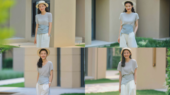 时尚杂志风格人像摄影，一名20-22岁，优雅知性的东亚少女，拥有一头长长的波浪黑发，面带温暖柔和的微笑，站在现代极简主义米色建筑的户外庭院中；身着浅灰色短袖针织上衣、浅蓝色刺绣不规则腰带，白色肌理感阔腿裤，佩戴精致纤细的项链和简约腕表；柔和漫射的午后自然光线，浅景深，背景为模糊的绿色 foliage，写实人像摄影，自然肌肤质感，柔和色彩调校，使用85mm f/1.4镜头拍摄，照片级真实感。负面提示词：低质量、模糊、扭曲、多余肢体、多余手指、畸形特征、过度、不足、噪点、粗糙皮肤、肤色暗沉、表情僵硬、过度平滑、塑料质感、水印、文字、边框。