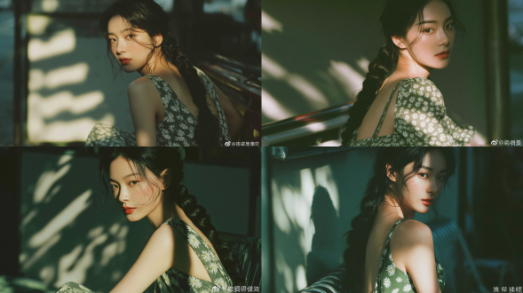 时尚杂志风格人像摄影，一名20-22岁，优雅知性的东亚少女，长长的黑发在脑后扎成一条粗粗的辫子，身穿苔藓绿色吊带裙，裙面印有白色雏菊图案，侧身回眸望向一侧，脸颊泛起柔和淡雅的红晕，唇色为低饱和度的红色；坐在一辆老旧复古风格的公交站台长椅上，傍晚时分的侧后方阳光洒落，窗格形成的斑驳条纹状阴影投射在墙面与她的肩头；使用柯达gold 200胶片拍摄，柔焦朦胧，细腻胶片颗粒，低饱和度冷调青绿色复古影调，静谧而富有文学气息，浅景深，背景虚化散景，电影感自然布光，8k超高细节。负面提示词：低质量、模糊、扭曲、多余肢体、多余手指、畸形特征、过度、不足、噪点、粗糙皮肤、肤色暗沉、表情僵硬、过度平滑、塑料质感、水印、文字、边框。