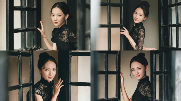 时尚杂志风格人像摄影，一名20-22岁，优雅知性的东亚少女，柔和、温婉、淡淡的微笑，整齐的黑色发髻，身着黑色蕾丝旗袍，从复古黑色多格木质窗框中探出身子，一手轻搭在窗扇上，柔和温暖的漫射侧自然光，民国风居家美学，背景为浅米白色内墙，浅景深，使用85mm f/1.4镜头拍摄，柯达gold 200胶片质感，细腻颗粒，自然肌肤纹理，暖调低饱和度，电影感人像，画中画构图，边缘柔焦。避免 ai 美女脸、低质量、模糊、扭曲、多余肢体、多余手指、畸形特征、过度、不足、噪点、粗糙皮肤、肤色暗沉、表情僵硬、过度平滑、塑料质感、水印、文字、边框、过度精修、塑料皮肤、暗沉肤色、明显痘印、明显皱纹、斑点、面部变形。