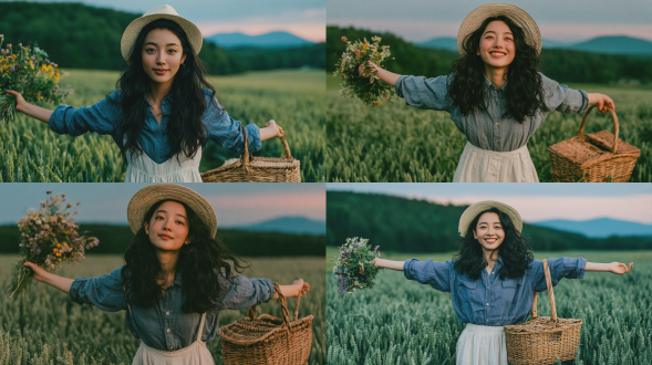 时尚杂志风格人像摄影，一名20-22岁，优雅知性的东亚少女，黑色波浪长发，头戴浅色草帽，身穿蓝色系扣衬衫和白色长裙，站在郁郁葱葱的绿色麦田中，双臂完全张开：一手捧着一束野花，另一手提着藤编野餐篮的手柄；远处是虚化的绿色森林，地平线上隐约可见淡蓝色山峦；天空呈现柔和的粉蓝渐变夕阳色调，黄金时刻的自然柔光，柯达gold 200胶片摄影风格，浅景深，背景柔焦虚化，温暖宁静的田园氛围，颗粒感胶片质感。避免 ai 美女脸、低质量、模糊、扭曲、多余肢体、多余手指、畸形特征、过度、不足、噪点、粗糙皮肤、肤色暗沉、表情僵硬、过度平滑、塑料质感、水印、文字、边框、过度精修、塑料皮肤、暗沉肤色、明显痘印、明显皱纹、斑点、面部变形。