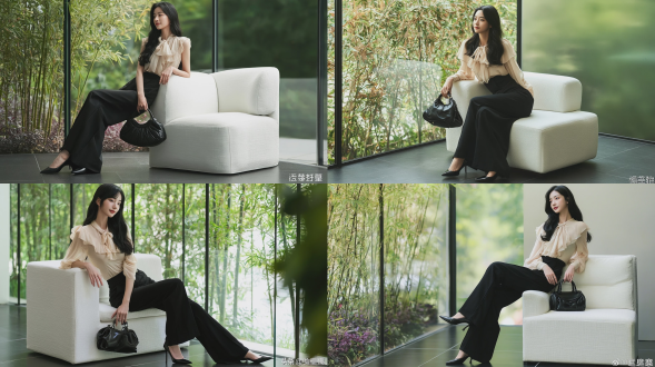 时尚杂志风格人像摄影，一名20-22岁，优雅知性的东亚少女，长而波浪状的黑色秀发，柔和的侧脸微笑；身着米色雪纺上衣，领口饰有荷叶边蝴蝶结；高腰黑色垂坠感阔腿裤；黑色尖头细高跟鞋；双手捧着一只复古黑色皮革手袋；倚靠在白色粗花呢包覆的现代单人沙发扶手上；身旁是落地玻璃窗，窗外是茂盛翠绿的竹林与 foliage；柔和自然日光；室内为深色哑光瓷砖地面；柔焦浅景深；背景绿色虚化；高端专业时尚生活摄影风格；超写实；细腻自然的肌肤纹理；柔和自然阴影；低饱和度优雅色调；8k 超高细节。避免 ai 美女脸、低质量、模糊、扭曲、多余肢体、多余手指、畸形特征、过度、不足、噪点、粗糙皮肤、肤色暗沉、表情僵硬、过度平滑、塑料质感、水印、文字、边框、过度精修、塑料皮肤、暗沉肤色、明显痘印、明显皱纹、斑点、面部变形。