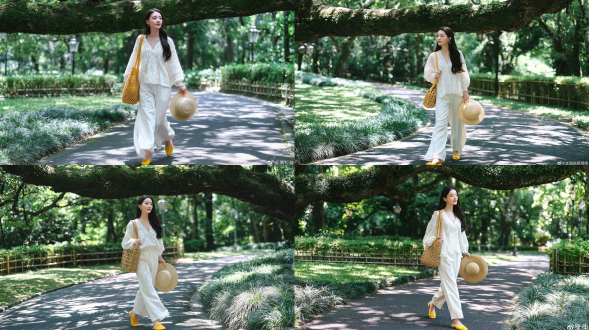 时尚杂志风格人像摄影，一名20-22岁，优雅知性的东亚少女，拥有一头柔顺乌黑的长发，神情温婉，侧目而视；身着白色蕾丝刺绣宽松v领上衣与白色镂空阔腿长裤，脚踩黄色编织低跟凉鞋，肩挎藤编镂空托特包，双手持一顶草编圆顶礼帽；缓步行走于公园内树荫遮蔽的沥青小径之上；画面顶部横跨一棵巨大古老的樟树，树干上覆有青苔；斑驳的阳光透过枝叶洒落，在地面投下细碎树影；小径两侧为翠绿麦冬草坪，旁设低矮竹篱；远景中 vintage 风格街灯虚化模糊；背景为郁郁葱葱的绿色林木；柔和侧逆光，自然清新光线，空气略带朦胧感；日式清新美学风格；使用 fujifilm xt4 相机拍摄，85mm f1.4 镜头，浅景深，超精细画质，肌肤纹理自然真实，明亮柔和色调，8k 高分辨率。避免 ai 美女脸、低质量、模糊、扭曲、多余肢体、多余手指、畸形特征、过度、不足、噪点、粗糙皮肤、肤色暗沉、表情僵硬、过度平滑、塑料质感、水印、文字、边框、过度精修、塑料皮肤、暗沉肤色、明显痘印、明显皱纹、斑点、面部变形。