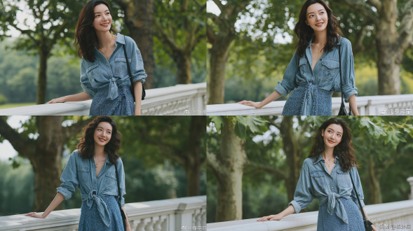 时尚杂志风格全身人像摄影，一名20-22岁优雅知性的东亚少女，拥有浓密波浪状深棕色长发，面带柔和明亮的微笑，目光微微向上；身着一件宽松的浅蓝色牛仔衬衫，于腰间系结，上衣口袋饰有刺绣细节，袖口挽至小臂；内搭一条蓝色纹理粗花呢吊带中长裙；佩戴一条精致的金色项链，肩挎一只小巧黑色单肩包；伫立于白色石质栏杆旁；背景为一座绿意盎然的户外公园，遍布茂盛古老的悬铃木；柔和的阴天自然光线；浅景深，背景为虚化的绿色 foliage 散景；肌肤呈现自然质感；休闲日常风格时尚杂志大片；使用 85mm f/1.4 镜头拍摄；柔暖色调调色；高分辨率；超精细细节。负面提示词：低质量、模糊、扭曲、多余手指、多余肢体、畸形特征、过度、不足、噪点、粗糙皮肤、肤色暗沉、表情僵硬、过度平滑、塑料质感、水印、文字、边框。