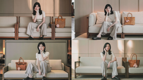 一位美丽年轻的东亚女性全身照，留着柔顺笔直的黑色长发，面容柔和自然、神情温婉，坐在现代极简风格的实木框架亚麻布艺沙发上；身穿合身的纯白色高领短袖上衣，浅灰色微褶阔腿裤，黑色厚底人字拖；一只手轻轻托着脸颊，姿态放松随意；身旁沙发上放置一只复古棕色编织皮革托特包，包上缀有一只小巧的粉色毛绒挂饰；背景为静谧而高端奢华的酒店大堂，墙面采用哑光浅木饰面板；室内光线为柔和温暖的漫射自然日光；浅景深效果，使用85mm f/1.4定焦镜头拍摄；画面带有细腻微妙的胶片颗粒感；整体色调为低饱和度的中性暖色系；呈现真实自然的日常生活方式美学，背景虚化柔和。避免 ai 美女脸、低质量、模糊、扭曲、多余肢体、多余手指、畸形特征、过度、不足、噪点、粗糙皮肤、肤色暗沉、表情僵硬、过度平滑、塑料质感、水印、文字、边框、过度精修、塑料皮肤、暗沉肤色、明显痘印、明显皱纹、斑点、面部变形。