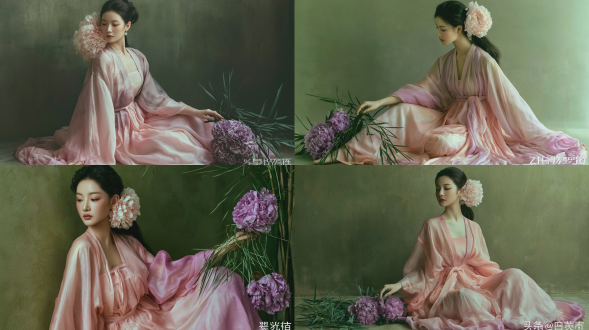 温婉清丽东方年轻女性，侧脸望向画面左侧，肌肤柔光细腻，低扎黑发鬓边别着大朵淡粉色绣球花，身穿水粉色晕染轻薄天丝新中式宽松长裙，席地斜坐，手轻触身侧的紫绣球花与细叶绿竹，背景是复古肌理哑光橄榄绿墙面，柔和侧逆光，古典油画肖像质感，低饱和莫兰迪色调，氛围静谧温柔，发丝细节清晰，高级人像摄影，8k超高清。避免 ai 美女脸、低质量、模糊、扭曲、多余肢体、多余手指、畸形特征、过度、不足、噪点、粗糙皮肤、肤色暗沉、表情僵硬、过度平滑、塑料质感、水印、文字、边框、过度精修、塑料皮肤、暗沉肤色、明显痘印、明显皱纹、斑点、面部变形。