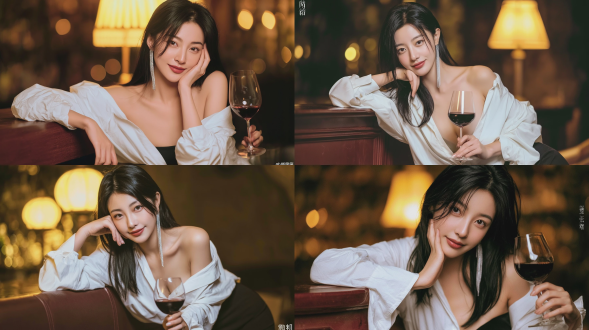 照片级写实风格，一名20-22岁，优雅知性的东亚少女，乌黑顺滑长发，精致清透淡妆，温柔淡笑，长款垂坠银耳饰，宽松白衬衫单侧滑落露肩，黑色修身下装，侧身倚靠深棕色木质吧台，单手托腮，另一只手握住盛有干红的高脚杯，氛围感复古深夜清吧场景，背景暖黄台灯形成柔和圆形焦外光斑，极浅景深，电影感人像摄影，侧方柔暖光打亮皮肤，皮肤质感通透自然，保留真实皮肤细微纹理，使用富士xt4相机 85mm f1.4大光圈镜头拍摄，8k超高清晰度，写实人像，暖调氛围，画面柔和高级。避免 ai 美女脸、低质量、模糊、扭曲、多余肢体、多余手指、畸形特征、过度、不足、噪点、粗糙皮肤、肤色暗沉、表情僵硬、过度平滑、塑料质感、水印、文字、边框、过度精修、塑料皮肤、暗沉肤色、明显痘印、明显皱纹、斑点、面部变形。