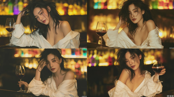 时尚杂志风格人像摄影，一名20-22岁，优雅知性的东亚少女，留着长而凌乱的黑发，双眼微眯、略带睡意，唇色柔和偏红；身穿一件宽大、宽松的白色棉质露肩衬衫；坐在幽暗的酒吧吧台前，右手持一杯少量红葡萄酒；姿态慵懒放松；环境光线温暖，酒吧内泛着柔和的暖黄色调；背景为架子上模糊虚化的各色酒瓶；景深极浅；使用85mm f/1.4镜头拍摄；整体氛围温馨、幽暗而奢华；带有细微胶片颗粒感；超精细，高分辨率。避免 ai 美女脸、低质量、模糊、扭曲、多余肢体、多余手指、畸形特征、过度、不足、噪点、粗糙皮肤、肤色暗沉、表情僵硬、过度平滑、塑料质感、水印、文字、边框、过度精修、塑料皮肤、暗沉肤色、明显痘印、明显皱纹、斑点、面部变形。