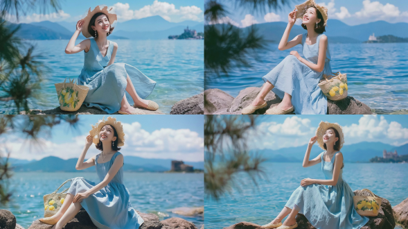 夏日清新肖像照，一位美丽年轻的东亚短发女士，面带明亮笑容仰望天空；一手持边缘磨损的草编太阳帽，身着无袖浅天蓝色亚麻长裙，坐在湖畔粗粝岩石上；身旁放着一只绣有柠檬图案的草编手提包，脚穿编织草编平底凉鞋，佩戴纤细精致的项链与小巧垂坠耳钉；柔和温暖的自然阳光，清澈湛蓝的湖水，远处层叠朦胧的山峦，更远处隐约可见欧式城堡轮廓；明澈蓝天缀以蓬松白云，画面顶部前景为虚化的松针，浅景深，背景柔焦虚化，使用85mm f/1.4镜头拍摄，带有细腻胶片颗粒感，粉彩色调的明亮夏日风格，微风轻拂裙摆，肌肤纹理真实细腻，高细节表现，柯达gold 200胶片拍摄