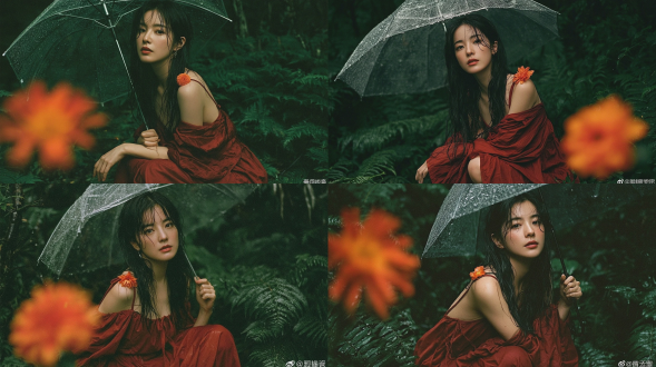 时尚杂志风格全身人像摄影，一名20-22岁，优雅知性的东亚少女，长而湿的黑发，身着宽松的铁锈红色吊带长裙，肩上别着一朵橙色小花，手持一把透明雨伞，伞面布满细小雨滴；她蹲坐在雨后浓密深绿色的蕨类森林中，前景虚化的橙色小花，柔和的侧向自然光，朦胧雾气氛围，暗调忧郁美学，使用柯达portra 400胶片拍摄，85mm f/1.4镜头，极浅景深，冷调深绿背景与暖调红裙形成强烈色彩对比，肌肤质感柔滑，雨滴细节细腻，周围枝叶繁茂，静谧忧伤的情绪。避免出现：多手多指、畸形手指、手指粘连、六指、断指、畸形肢体、多余肢体、皮肤瑕疵、过度磨皮，塑料感、蜡像感、瓷娃娃感、僵硬表情、面瘫、闭眼、斜视、斗鸡眼、构图失衡，过曝死白、欠曝死黑、噪点、低分辨率模糊、伪影、色边、焦外生硬、景深错误、超现实、cg感。