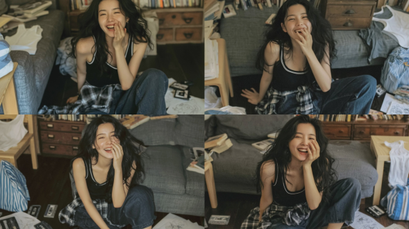 时尚杂志风格全身人像摄影，一名20-22岁，优雅知性的东亚少女，浓密柔顺的波浪黑发，开怀大笑，右手轻掩半张嘴；坐在温馨家居中深色实木地板上；身穿黑色无袖背心，内衬白色包边；黑白格子衬衫系于腰间；下着宽松深蓝色牛仔裤；背景为灰色布艺沙发，上面散落着书籍；身旁小号浅木色边几上放着一件白色吊带背心与一只蓝白条纹布包；地板上散落着老式磁带与涂鸦纸张；沙发后方立着一台复古实木抽屉柜，柜上堆满书籍；柔和漫射的午后窗光，温暖慵懒的日常氛围；柯达gold 200胶片人像风格，细腻胶片颗粒感，低饱和度柔和色调，浅景深，自然抓拍，超写实，8k高细节。避免出现：多手多指、畸形手指、手指粘连、六指、断指、畸形肢体、多余肢体、皮肤瑕疵、过度磨皮，塑料感、蜡像感、瓷娃娃感、僵硬表情、面瘫、闭眼、斜视、斗鸡眼、构图失衡，过曝死白、欠曝死黑、噪点、低分辨率模糊、伪影、色边、焦外生硬、景深错误、超现实、cg感。
